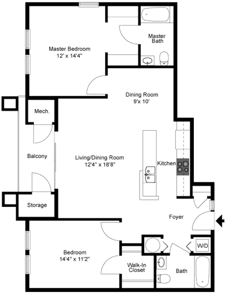 Floor plan for 2 beds, 2 baths